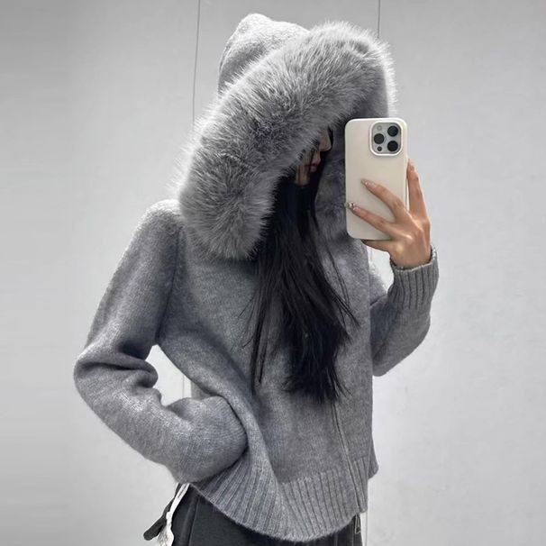 Oversized Hooded Knit Cardigan – Chunky Collar, Zip-Front, Long Sleeve (Beige/White/Blue/Pink/Gray/Black, One Size Fits Most)_ecoleips.com