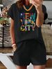 Summer New Pink New York NU Pattern T-shirt, Casual Printed Round Neck Short Sleeved Top With Elastic Waist Pocket, Women's Two-piece Set-283_ecoleips.com