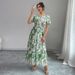 Women's Clothing Fashion Summer New Waist Round V Neck Puff Sleeves Big Swing Dress Travel Holiday Beach Long Skirt_ecoleips.com