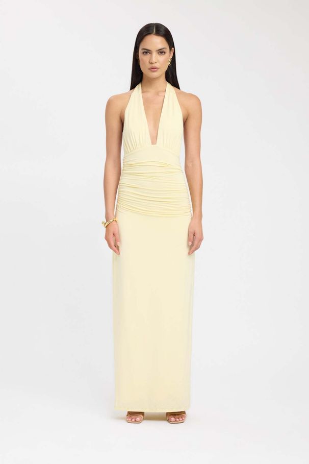 Summer Halter Neck Long Dress For Women Sexy Deep V Tie Back Slim Fit Solid Color Slit Style_ecoleips.com