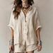 Women's Solid Color Loose Button down Shirt And Shorts Fashion Casual Suit Spring/Summer New European And American Cross Border Trade Clothing_ecoleips.com