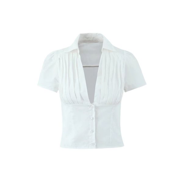 Spicy Girl V-Neck Single-Breasted Short Top Women's Low-Waist Drawstring A-Line Skirt Two-Piece Set_ecoleips.com