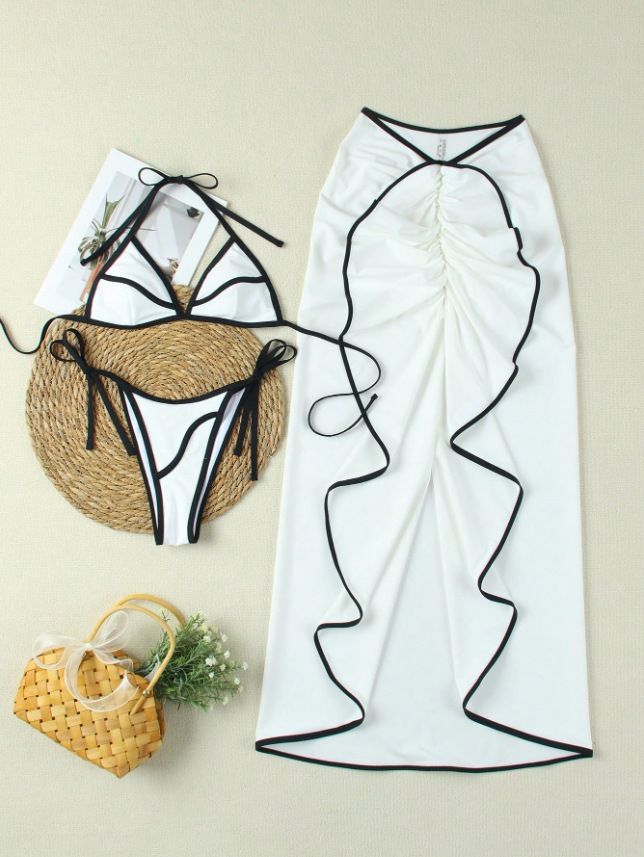 Women's Clothing Simple Sexy Asymmetrical Bikini Three Piece Set Sling Elastic Leisure Vacation Beach Skirt Suit_ecoleips.com