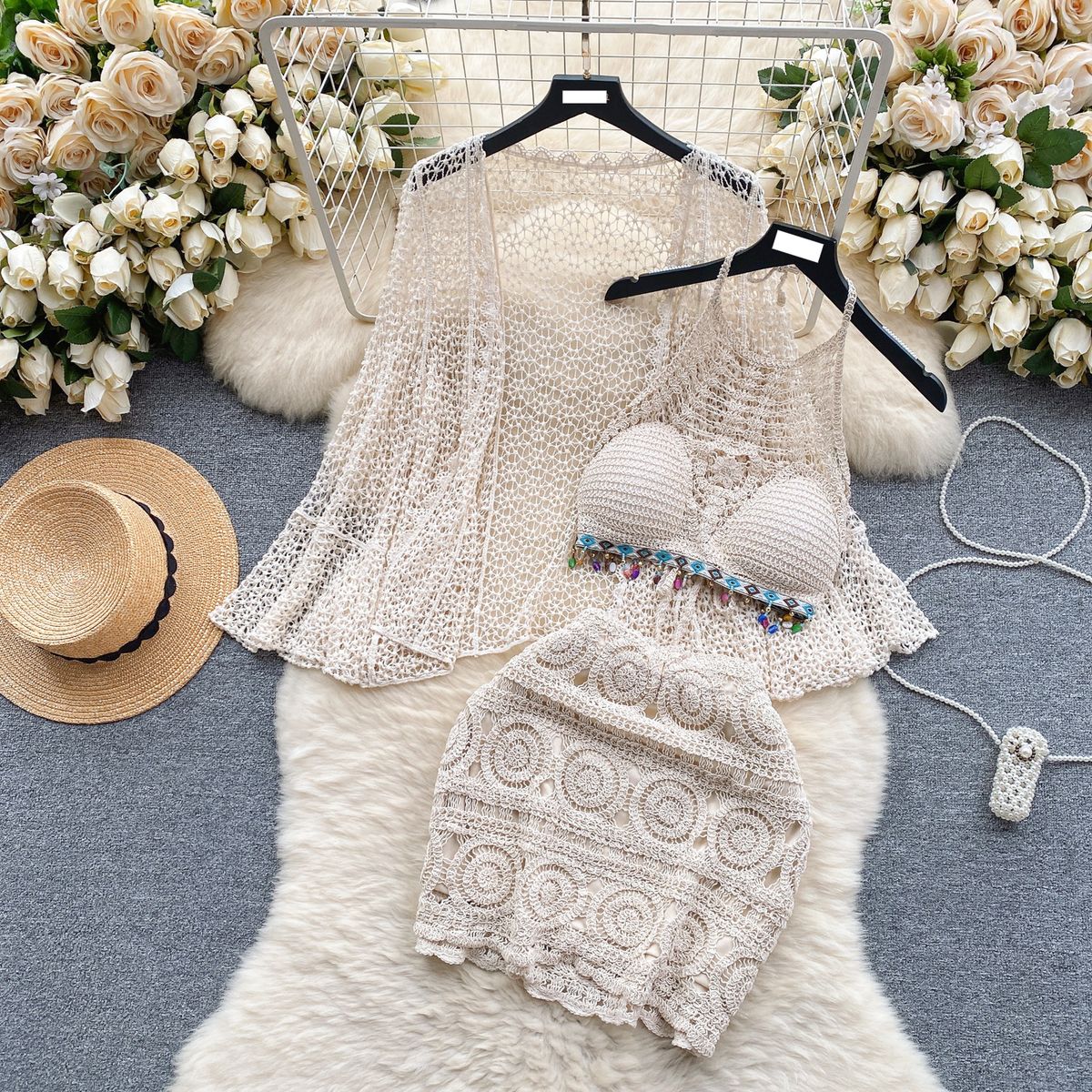 Women's 3-Piece Beach Outfit - Retro Crochet Halter Vest + Lace Cardigan + Skirt Set, Holiday Vacation Suit_ecoleips.com