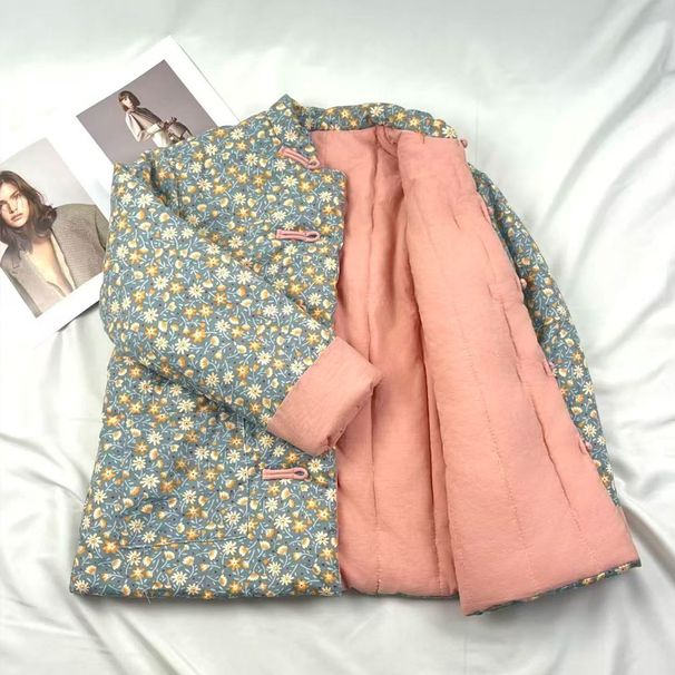 Women's Clothing Vintage Floral Cotton Padded Coat For Women, Loose Fit Winter Jacket With Handmade Daisy Print, Warm And Comfortable Outerwear_ecoleips.com