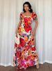 Retro Floral Patchwork Maxi Dress – Elegant Square Neckline, Short Sleeve French Style Dress, Vintage-Inspired Polyester Blend_ecoleips.com