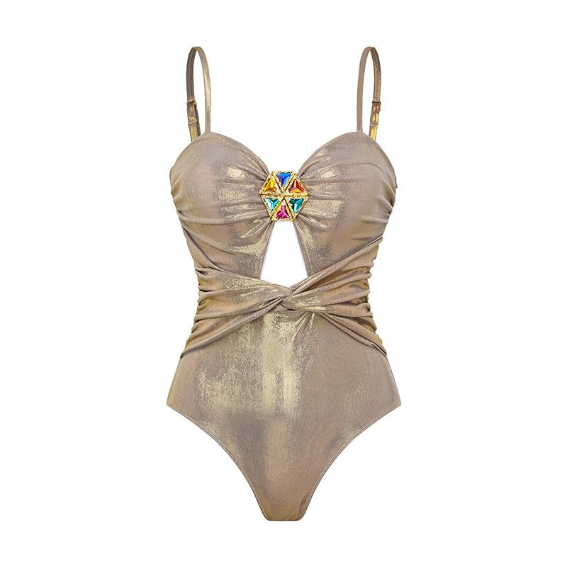 Aria Basics 2024 New European And American Style Hollow Pleated Rhinestone Decorated One-Piece Swimsuit For Women,_ecoleips.com