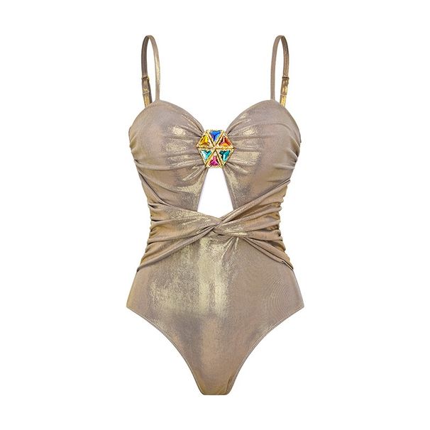 Aria Basics 2024 New European And American Style Hollow Pleated Rhinestone Decorated One-Piece Swimsuit For Women,_ecoleips.com