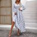 Autumn Women's V-Neck Waist-Cinching Long Printed Dress_ecoleips.com
