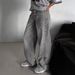 Women's Clothing Retro Smoky Gray Washed Wide Leg Jeans High Waist Loose Wide Leg Mopping Pants_ecoleips.com