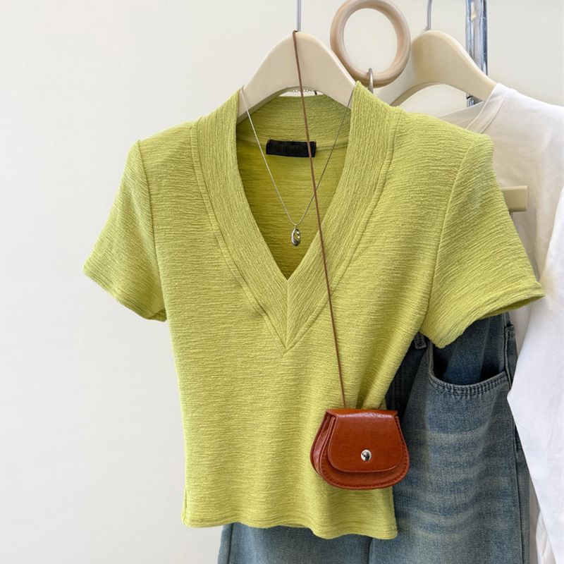 Women's Clothing Summer New Pure Desire Slim Short Design Sense V Neck Straight Shoulder T Shirt Bottoming Shirt Top_ecoleips.com
