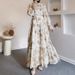 Round Neck Trumpet Sleeve Button Temperament Flower With Belt Long Elegant Dress_ecoleips.com