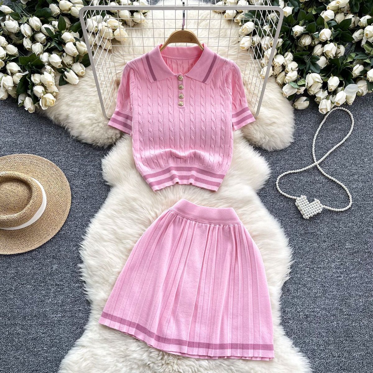 Summer New All Match Knit Sweater Two Piece Suit For Women Retro Contrast Color Short Sleeve Top High Waist Pleated Skirt_ecoleips.com