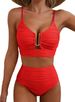Women's Clothing Bikini V Neck Hollow Swimsuit High Waist Texture Pleated Swimsuit Female Bikini_ecoleips.com