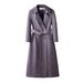 Long Trench PU Leather Coat For Women – Slim-Fit Knee-Length Jacket With Belt (S-XXL, Black/Tan/Burgundy)_ecoleips.com