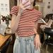 Striped Base Shirt, Summer 2024 New Design, Short-sleeved T-shirt Women, American Retro Style, Slim-fit Top For Students_ecoleips.com