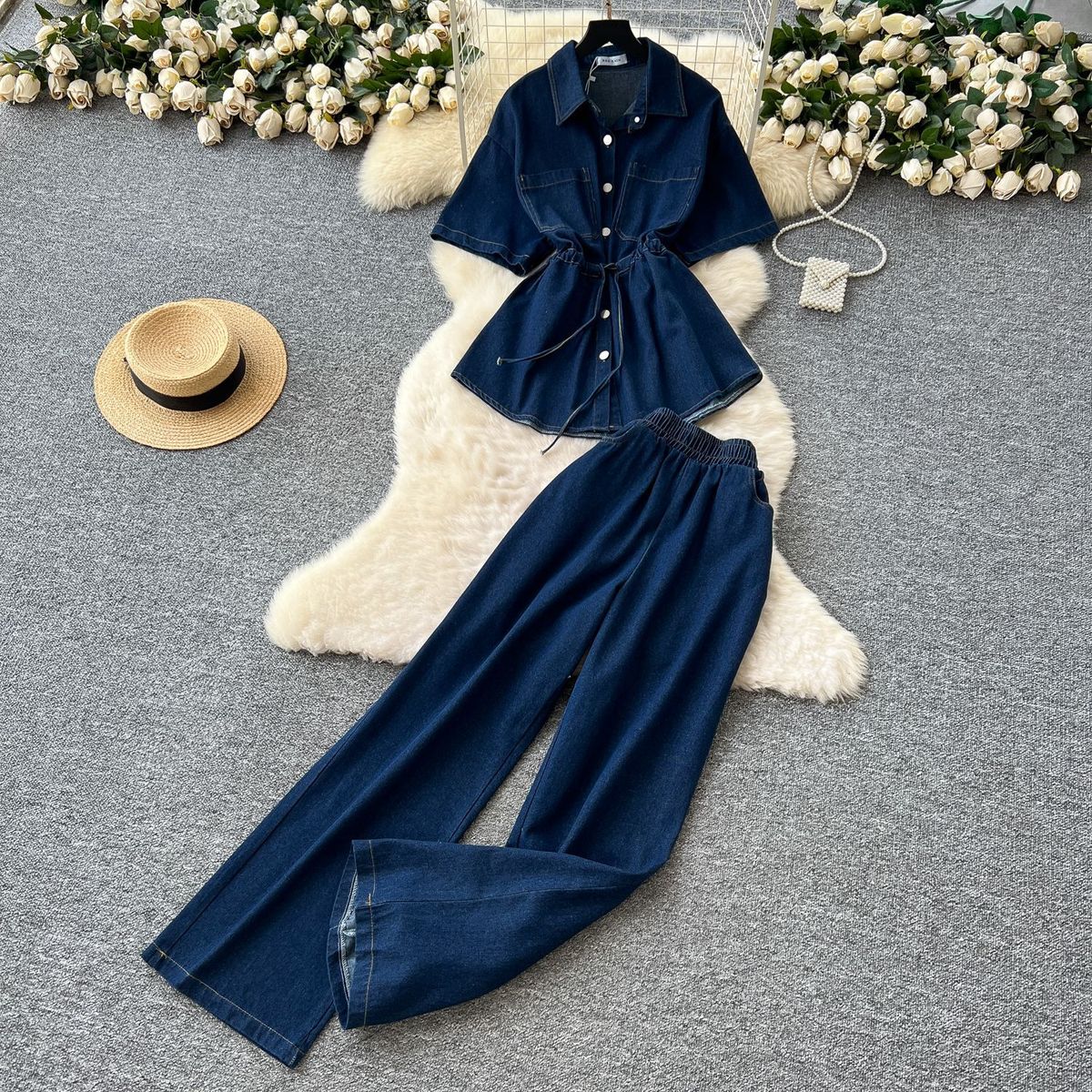 Women's Clothing Retro Denim Suit Drawstring Collar Shirt Top Elastic Waist Wide Leg Slim Fit Trousers_ecoleips.com