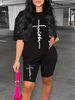 Summer Women's Casual Fashion Cross Faith Graphic Print Loose T-shirt Shorts Two-piece Set Summer Sportswear Suitable For Daily Wear-160_ecoleips.com