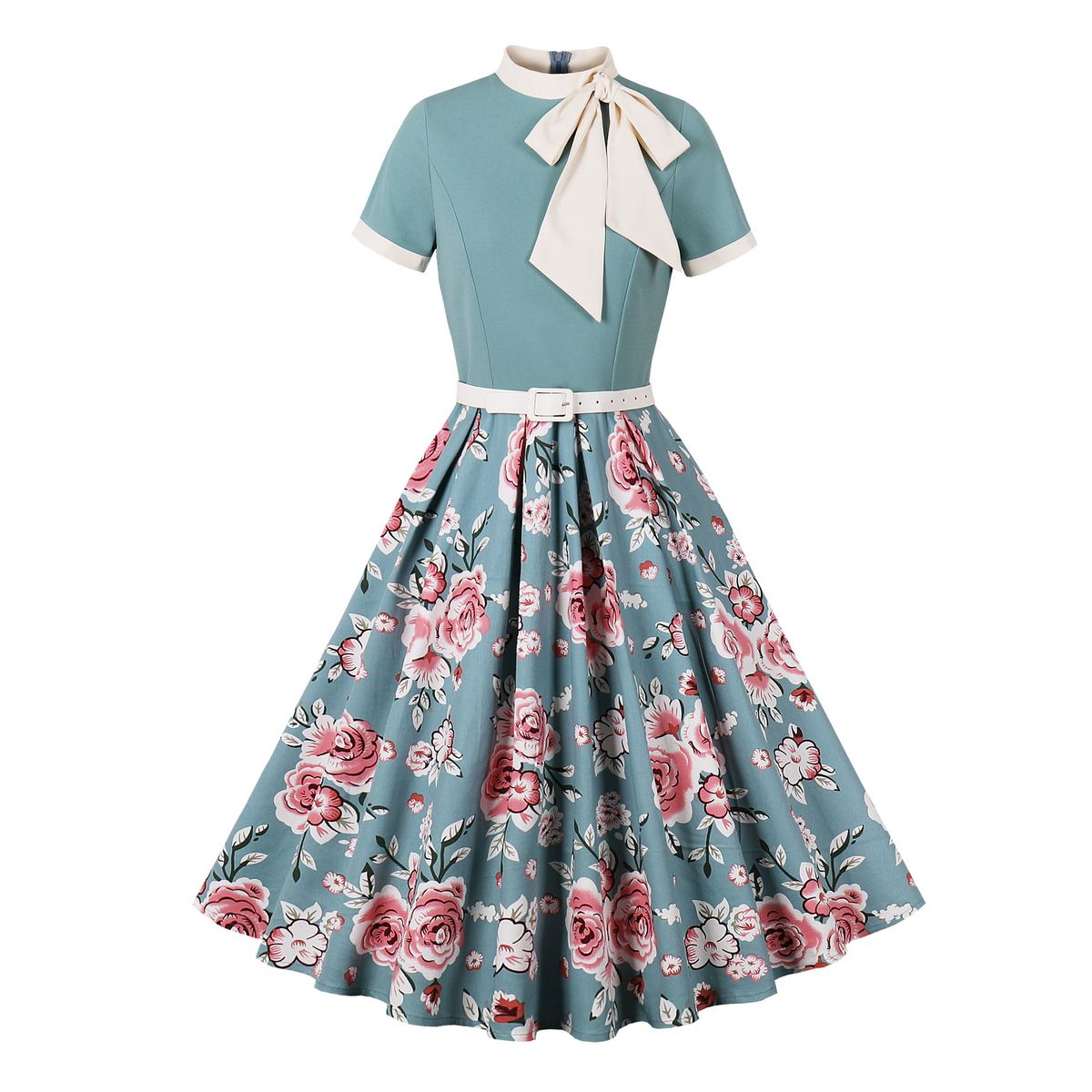 Women's Retro Dress Hepburn Style Print Floral Polka Dot Bow New 2025 Cross Border European American Dress_ecoleips.com