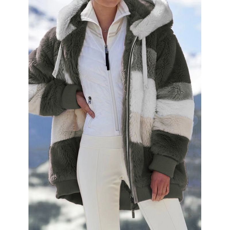 Autumn And Winter Warm Plush Patchwork Zipper Pocket Hooded Loose Coat Women's Tops Wholesale_ecoleips.com