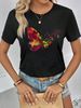 Women's Casual Black T-Shirt round Neck Short Sleeve Butterfly Print European American Style Sportswear Top for Summer_ecoleips.com
