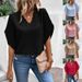 Women's Summer Loose Shirt Top Solid Color Lace V Neck Flared Sleeve European And American Style Clothing_ecoleips.com