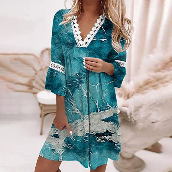 V Neck Printed Lace Stitching Bohemian_ecoleips.com