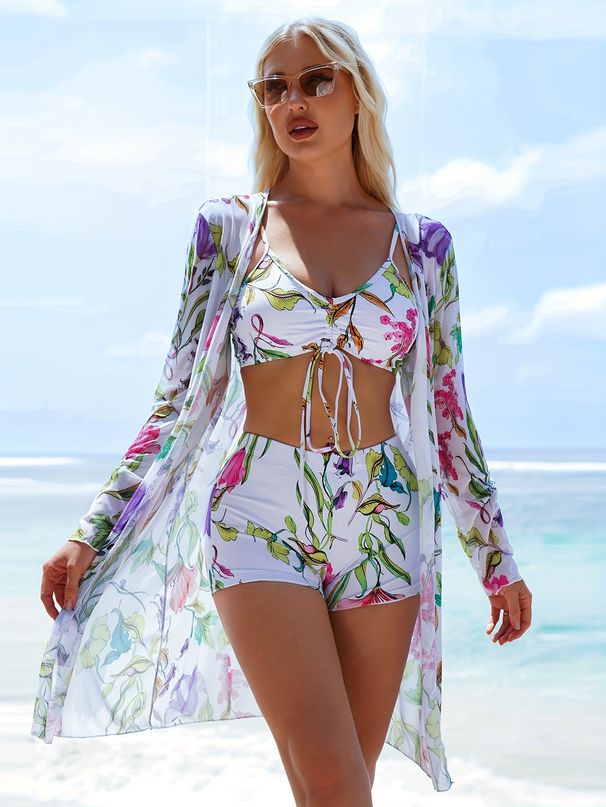 Women's 3-Piece Bikini Set With Cover-Up High-Waisted Boxer Briefs Adjustable Bowknot Top Breathable Polyester For Beach & Pool_ecoleips.com