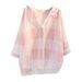 Women's Pink Plaid Cotton Linen Hooded Shirt Spring Korean Style Loose Casual Sun Protection Cardigan_ecoleips.com