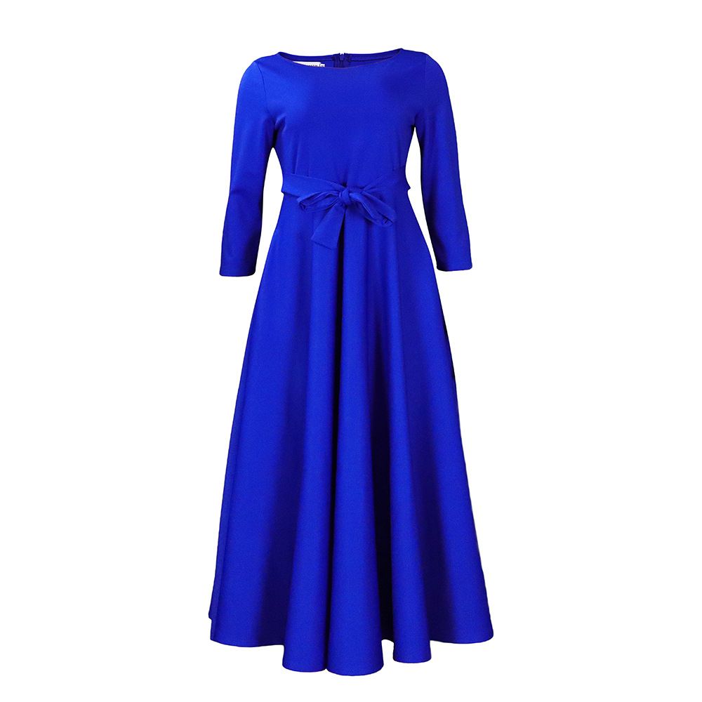 Elegant A-Line Maxi Wrap Dress Solid Color High-Waisted Women's Flowy Dress 3/4 Sleeves Blue Khaki Red Yellow Green Black White S-XXXL_ecoleips.com
