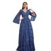 New European American Style Sequined Long-sleeve Blue Evening Dress, Elegant And High-end, Simple V-neck Party Dress_ecoleips.com