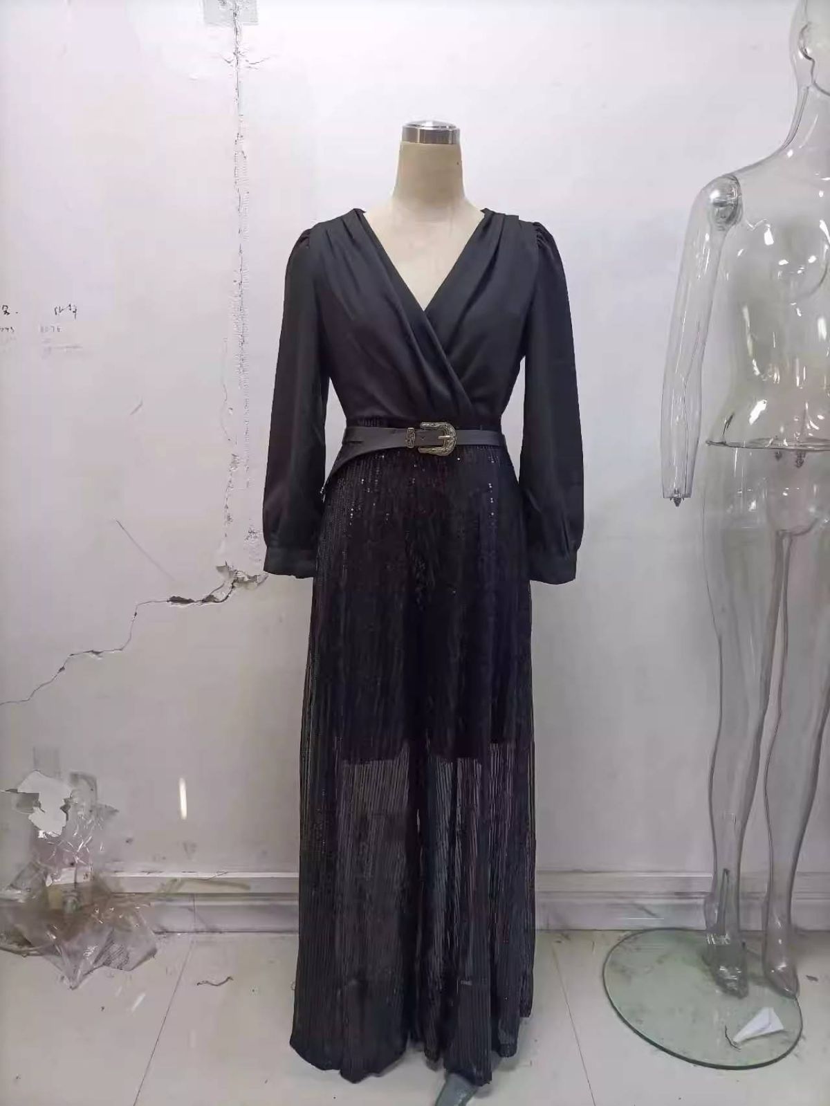 New Fashionable V Neck Long Sleeved Shirt, Elegant, Waist Slimming, Slimming Sequined Wide Leg Pants With Belt_ecoleips.com