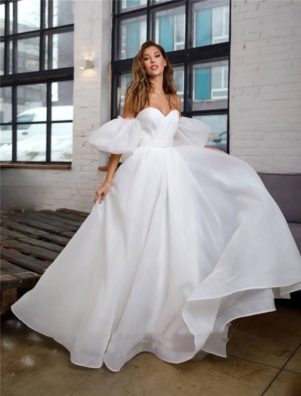 Tulle DressNew Style Puff Sleeves Petite French Hepburn Style Wedding Reception Light Wedding Dress_ecoleips.com