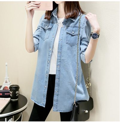 Women's Clothing Mid Length Slim Denim Shirt Women's Long Sleeved Shirt Base Cotton Denim Jacket With Large Size_ecoleips.com