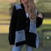 Women's Clothing Fashion Loose Knit Cardigan Sweater Coat With Patchwork Design, Casual Long Sleeve Open Front V-Neck, Comfortable Polyester Blend_ecoleips.com