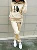 Women's Autumn And Winter Casual Fashion OK Letter Pattern Printed Thick Velvet Warm Hooded Sweatshirt+sweatpants Set-689_ecoleips.com