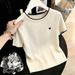 Women's Petite Round Neck T-Shirt Embroidered Heart Short Sleeve Knitted Inner Layer Top For Summer Real Shot_ecoleips.com