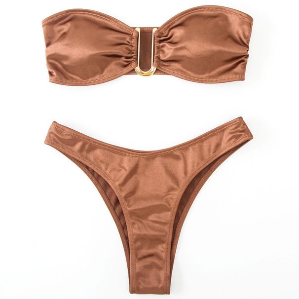 Satin Brown Strapless Bandeau Bikini Set Metal U Buckle High Cut Cheeky Two Piece Swimsuit Women Summer Beach Bathing Suit_ecoleips.com