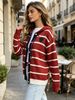 Red White Stripe Heart Pit Rib Knit Hooded Cardigan, Loose Lightweight Breathable Soft Skin-touch Drawstring Button Knit Jacket_ecoleips.com