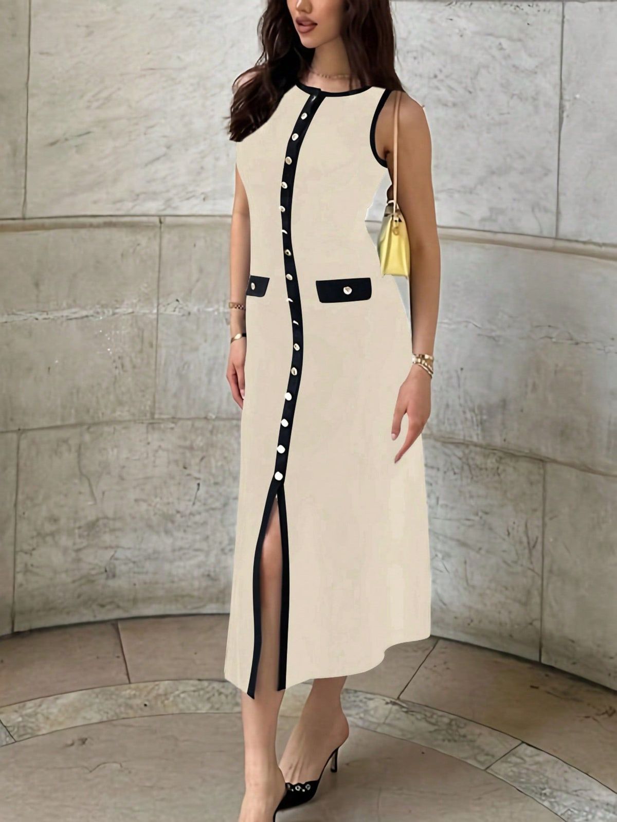 Women's Knitted Ribbed Max Dress Elegant E Commerce From Europe And America Round Neck Sleeveless Button Down Slim Fitting Flattering Silhouette_ecoleips.com