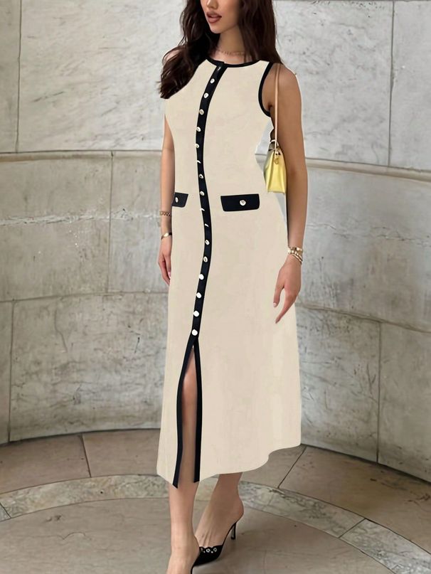 Women's Knitted Ribbed Max Dress Elegant E Commerce From Europe And America Round Neck Sleeveless Button Down Slim Fitting Flattering Silhouette_ecoleips.com