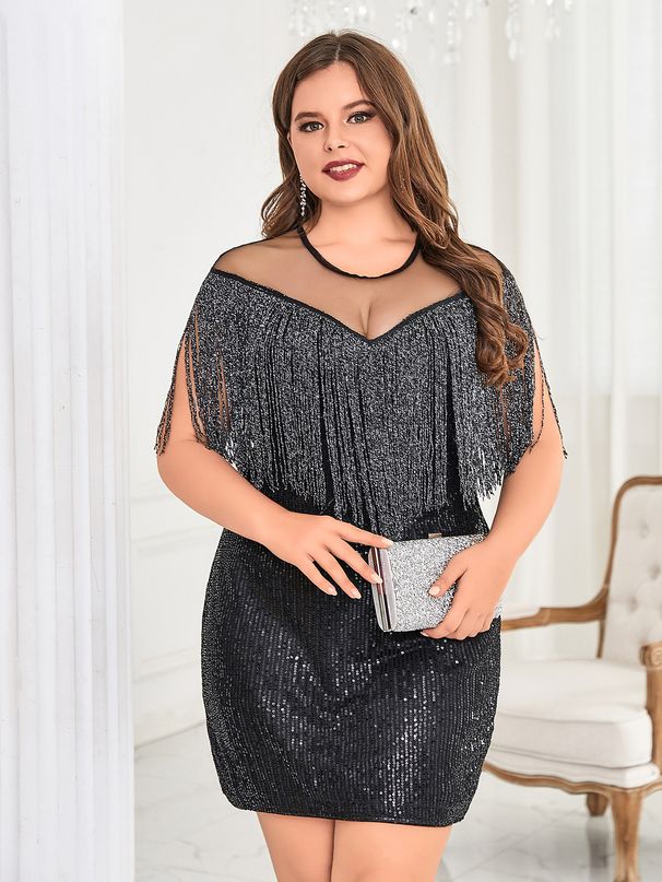 "Plus Size Sequin Tassel Mini Dress – Slim Fit Party Dress For Women, Sexy & Elegant Short Dress (Black, 0XL-4XL)"_ecoleips.com