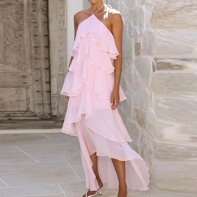 New 2026 Summer Layered Ruffle Edge Cake Long Dress Lady Casual Backless Beach Dress Sexy Halter Hollow Sleeveless Holiday Dress_ecoleips.com