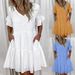 Women's Clothing Three Colors And Five Sizes V Neck Solid Color Pocket Dress_ecoleips.com