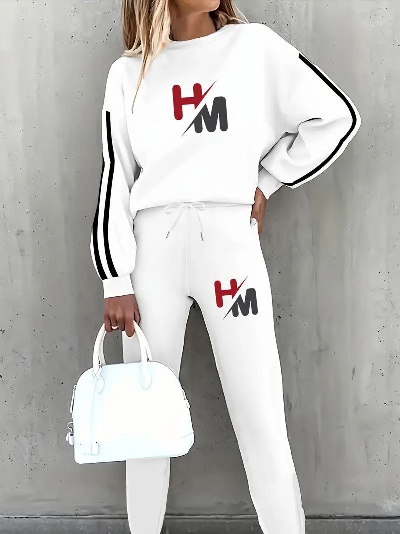 Men's & Women's Casual Letter Print Sweatshirt Set - Long Sleeve Pullover Hoodie & Joggers - Soft Polyester Comfort Fit (White/Black, S-Xxl)_ecoleips.com
