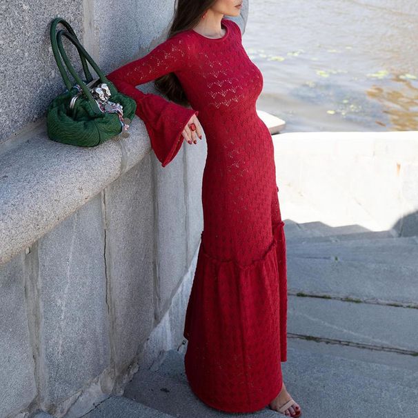 Winter Slim Maxi Dress Elegant Long Knitted Ruffle Dress Women Sexy 2025 Autumn Retro Flared Sleeve Hollow Evening Party Dresses_ecoleips.com