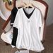 Women's Clothing Plus Size Women's Faux Two Piece T-Shirt Loose Casual Slimming Top Versatile Label Style For Formal & Casual_ecoleips.com