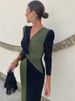 JULISSA MO Patchwork Long Sleeve Slit Women Maxi Dress Green Deep V-neck Ruched Autumn Winter Skinny Elegant Party Evening Dress_ecoleips.com