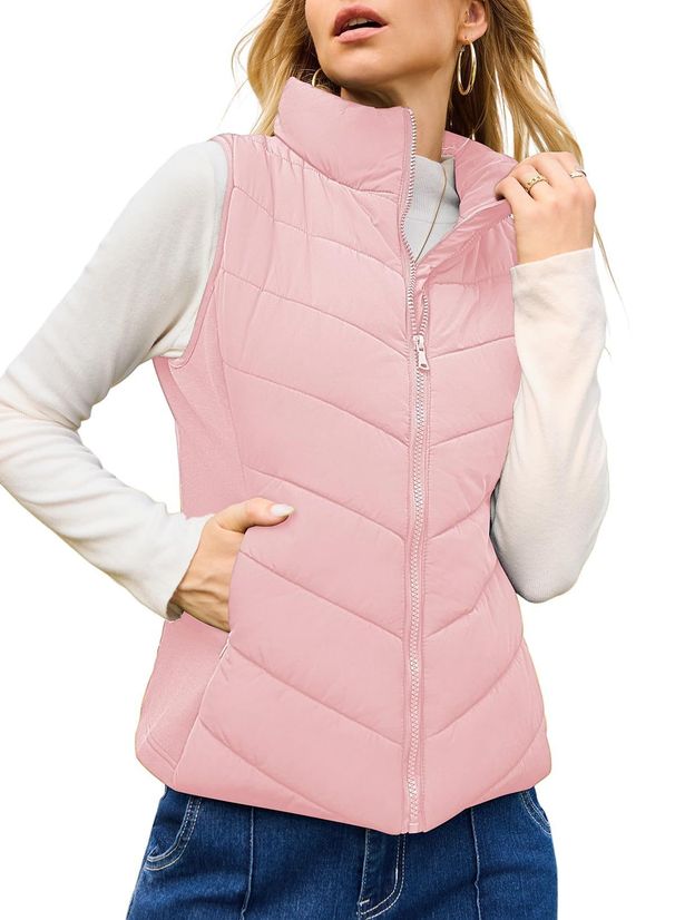 Women's Quilted Vest With Stand Collar, Zip Pockets, Winter Warm Padded Sleeveless Jacket For Casual Outerwear_ecoleips.com