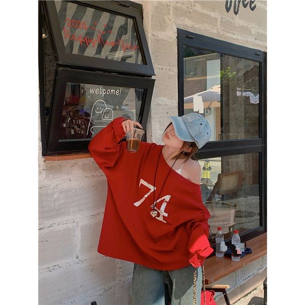 Women's Clothing Retro Red Letter Print Sweater For Women Early Autumn Casual Loose Off Shoulder Pullover Top_ecoleips.com